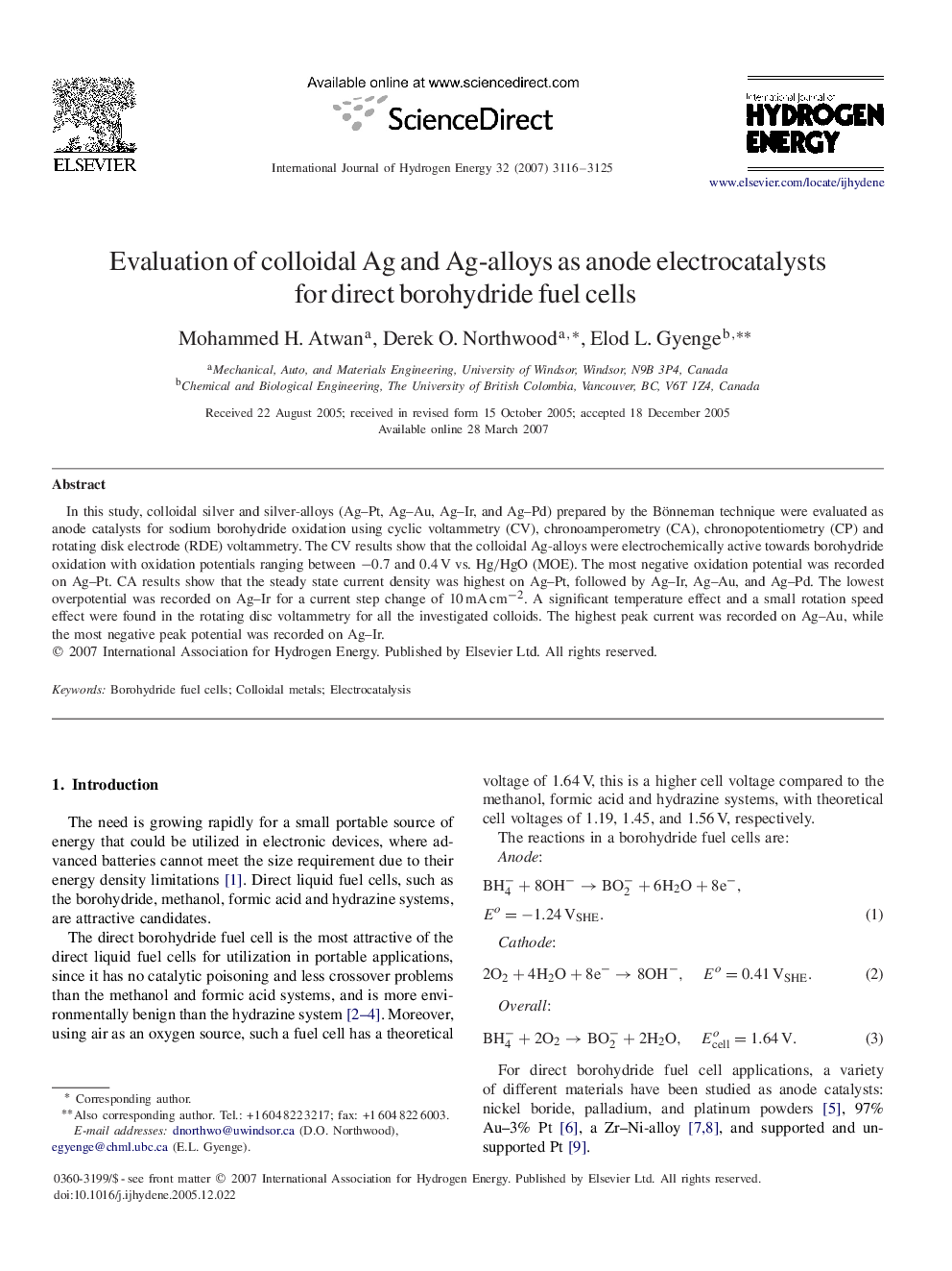 Evaluation of colloidal Ag and Ag-alloys as anode electrocatalysts for direct borohydride fuel cells