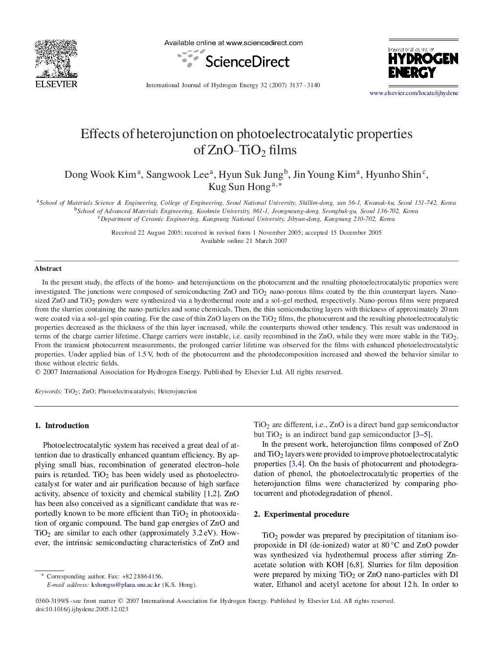 Effects of heterojunction on photoelectrocatalytic properties of ZnO–TiO2ZnO–TiO2 films