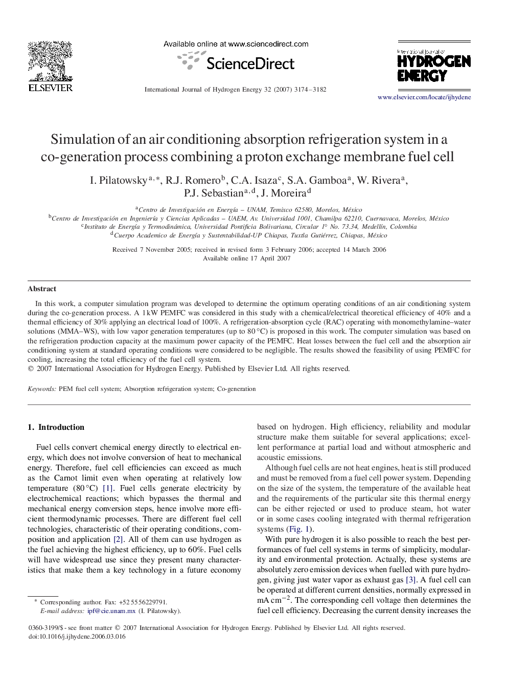 Simulation of an air conditioning absorption refrigeration system in a co-generation process combining a proton exchange membrane fuel cell