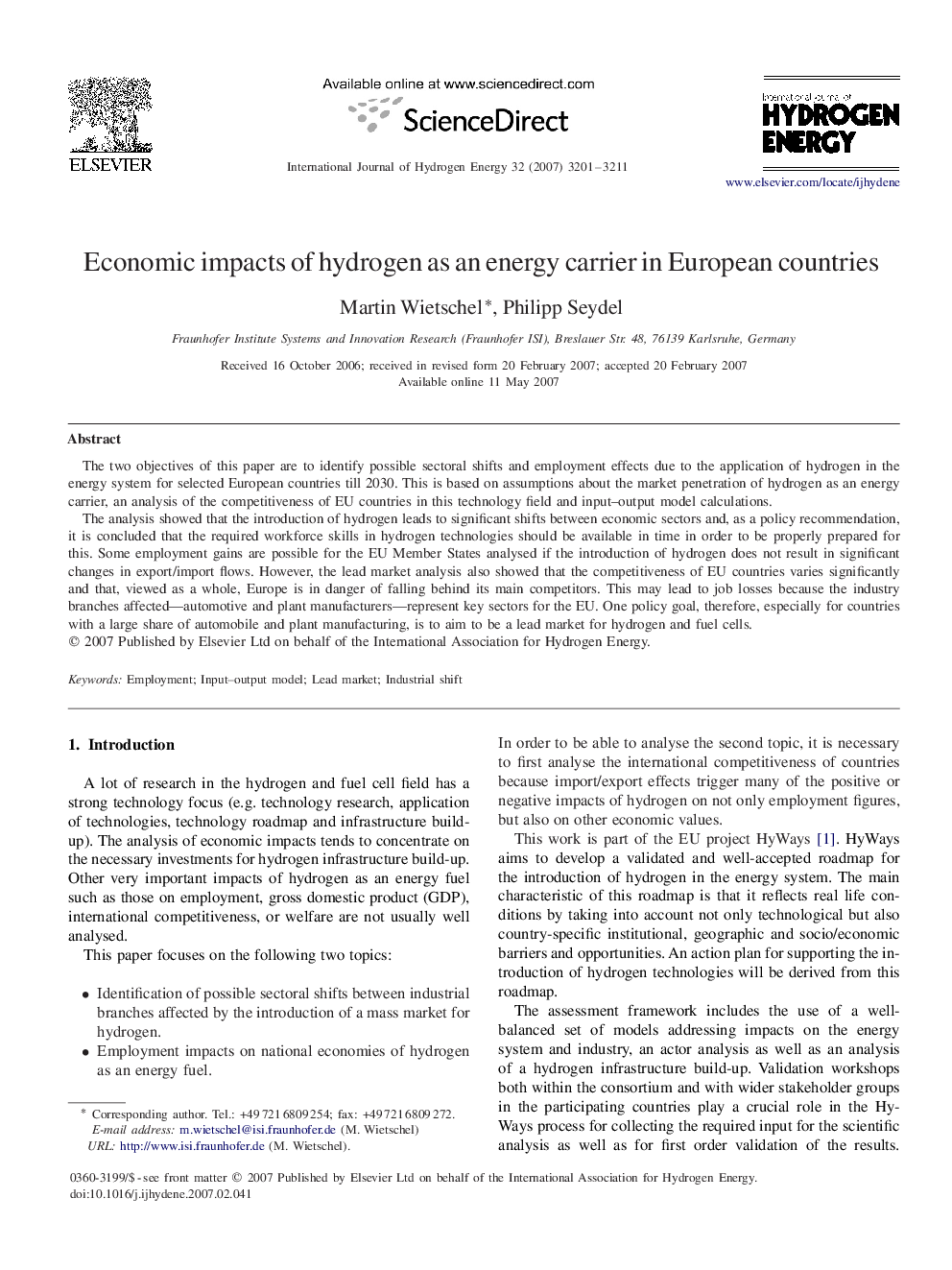 Economic impacts of hydrogen as an energy carrier in European countries