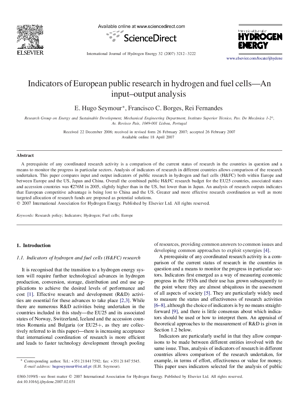 Indicators of European public research in hydrogen and fuel cells—An input–output analysis