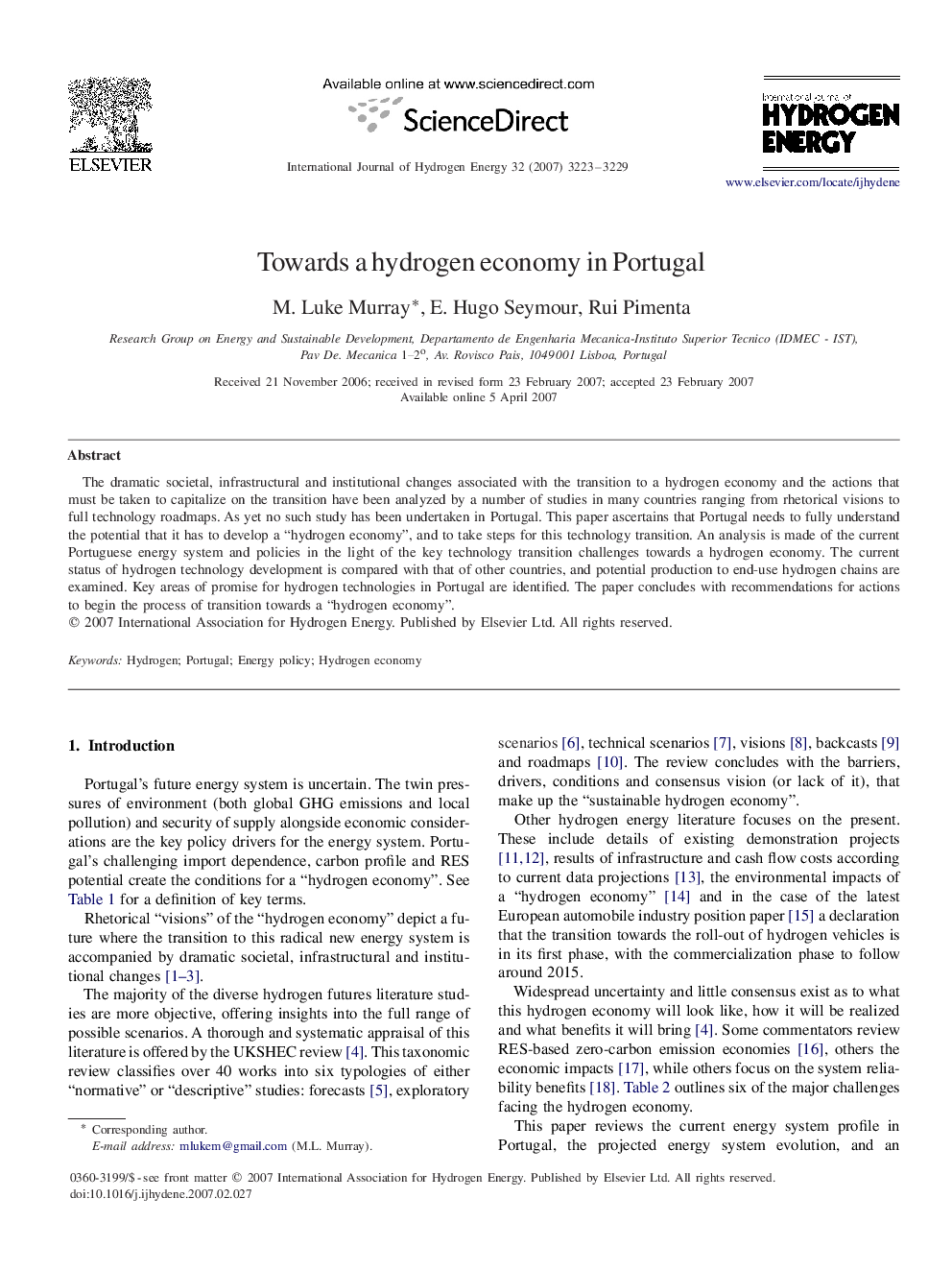 Towards a hydrogen economy in Portugal