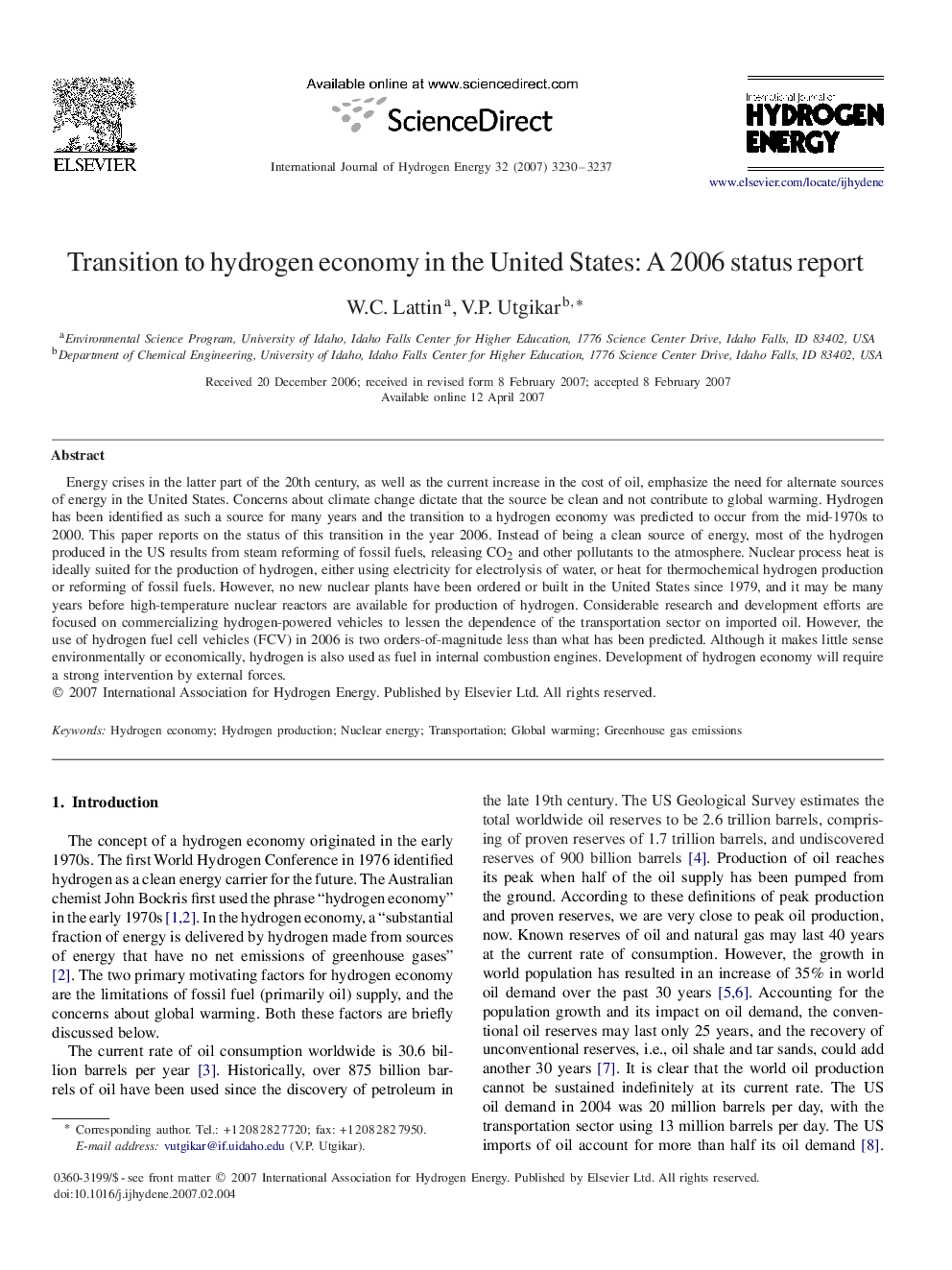 Transition to hydrogen economy in the United States: A 2006 status report