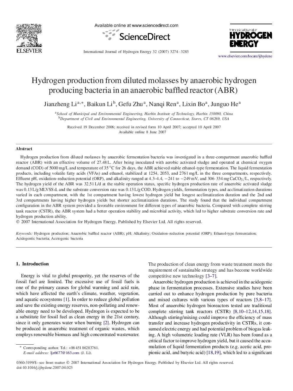 Hydrogen production from diluted molasses by anaerobic hydrogen producing bacteria in an anaerobic baffled reactor (ABR)