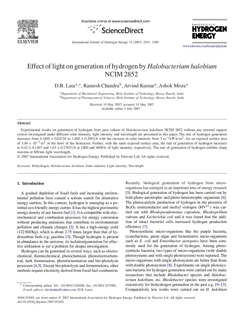 Effect of light on generation of hydrogen by Halobacterium halobium NCIM 2852