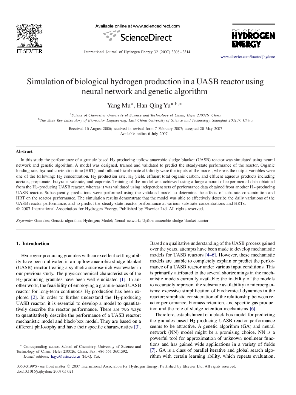 Simulation of biological hydrogen production in a UASB reactor using neural network and genetic algorithm