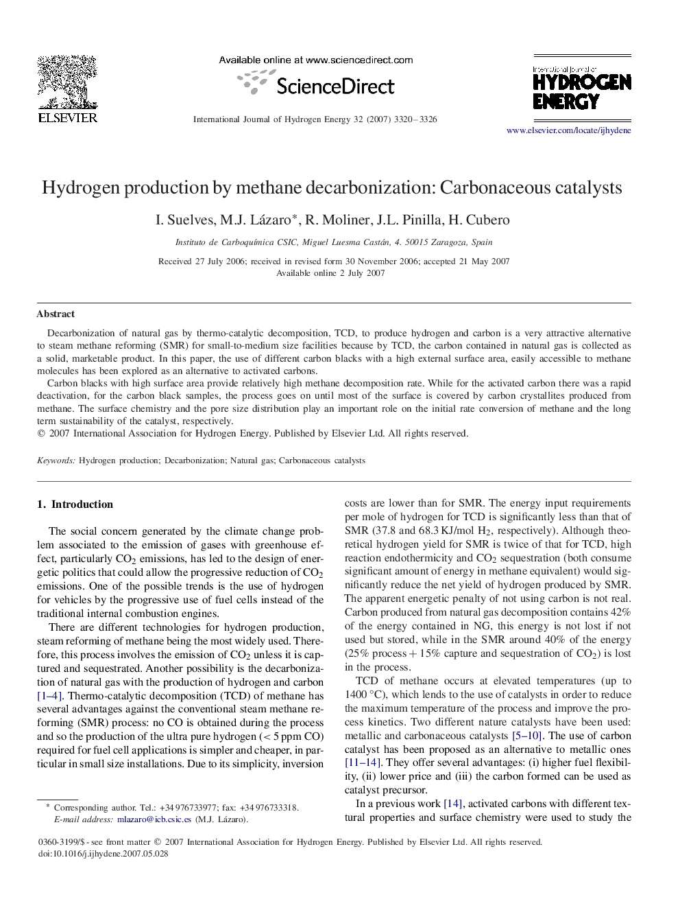 Hydrogen production by methane decarbonization: Carbonaceous catalysts