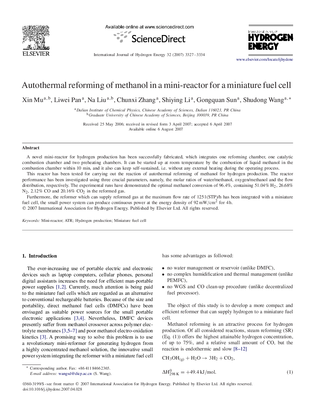 Autothermal reforming of methanol in a mini-reactor for a miniature fuel cell