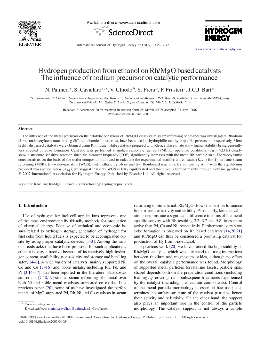 Hydrogen production from ethanol on Rh/MgO based catalysts: The influence of rhodium precursor on catalytic performance