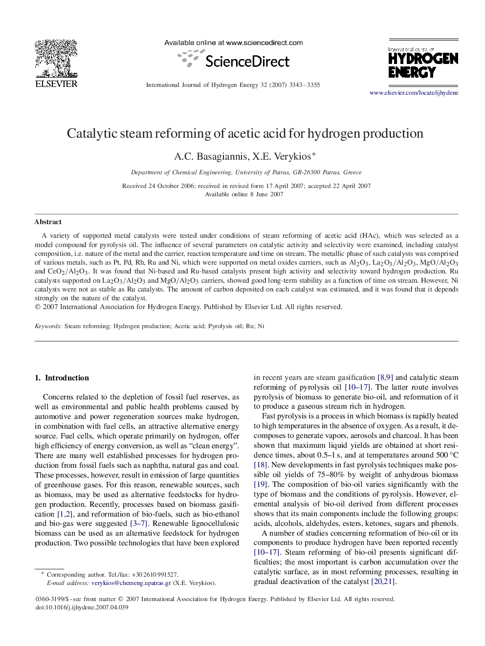 Catalytic steam reforming of acetic acid for hydrogen production