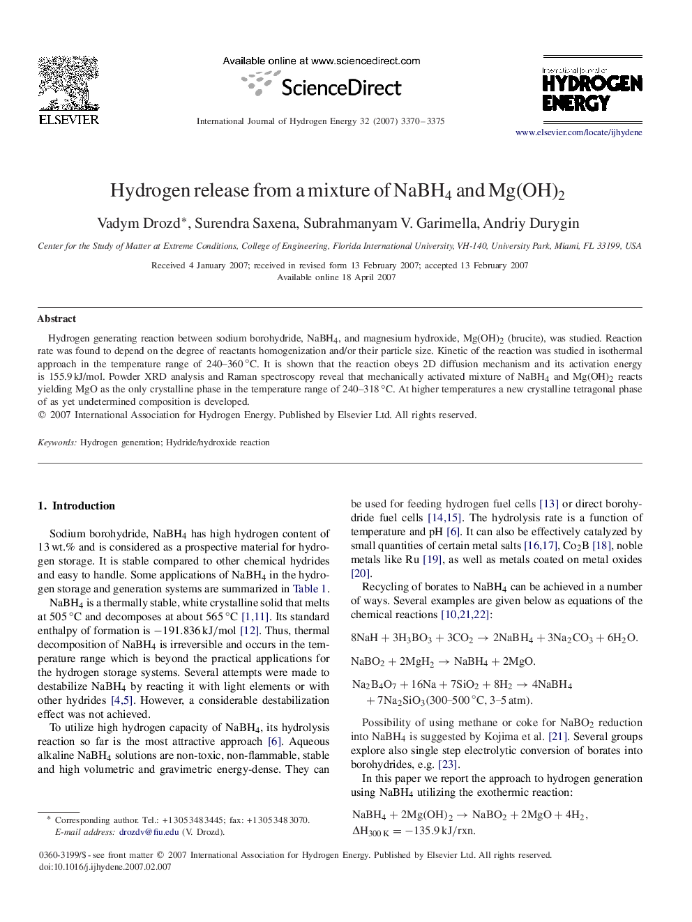 Hydrogen release from a mixture of NaBH4 and Mg(OH)2