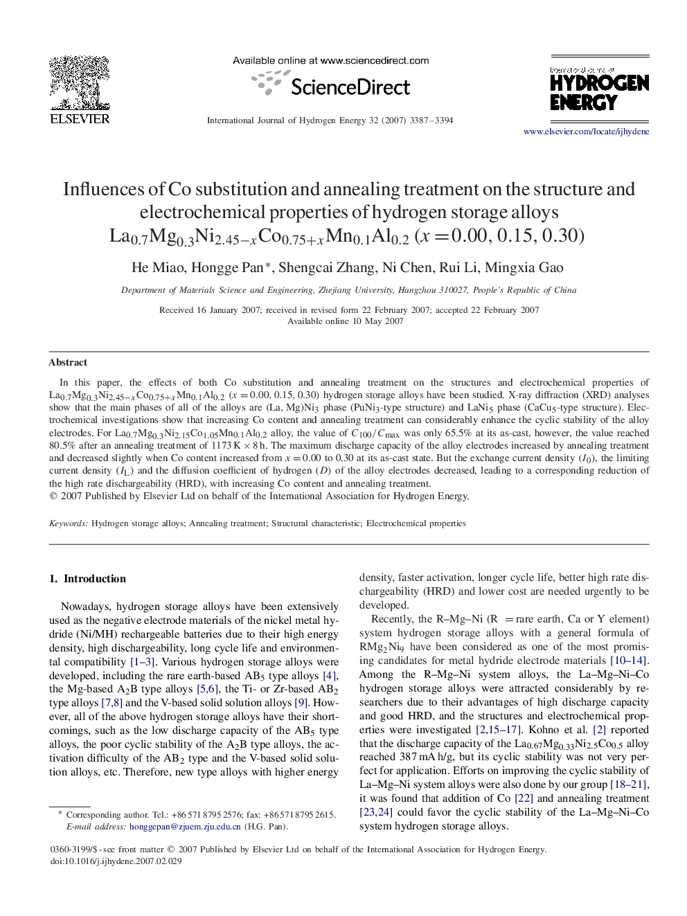 Influences of Co substitution and annealing treatment on the structure and electrochemical properties of hydrogen storage alloys La0.7Mg0.3Ni2.45-xCo0.75+xMn0.1Al0.2La0.7Mg0.3Ni2.45-xCo0.75+xMn0.1Al0.2(x=0.00,0.15,0.30)(x=0.00,0.15,0.30)