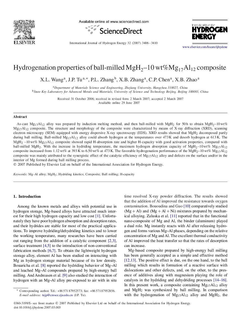 Hydrogenation properties of ball-milled MgH2–10wt%Mg17Al12 composite