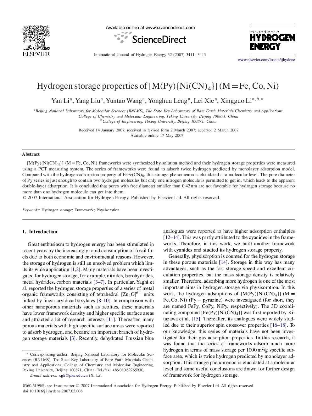 Hydrogen storage properties of [M(Py){Ni(CN)4}][M(Py){Ni(CN)4}] (M=FeM=Fe, Co, Ni)