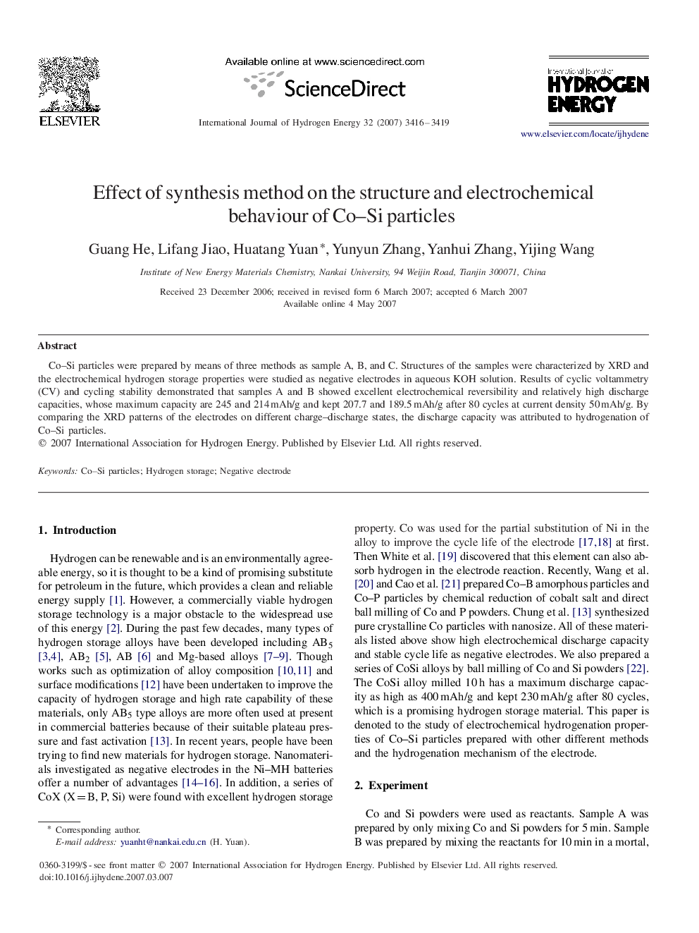 Effect of synthesis method on the structure and electrochemical behaviour of Co–Si particles