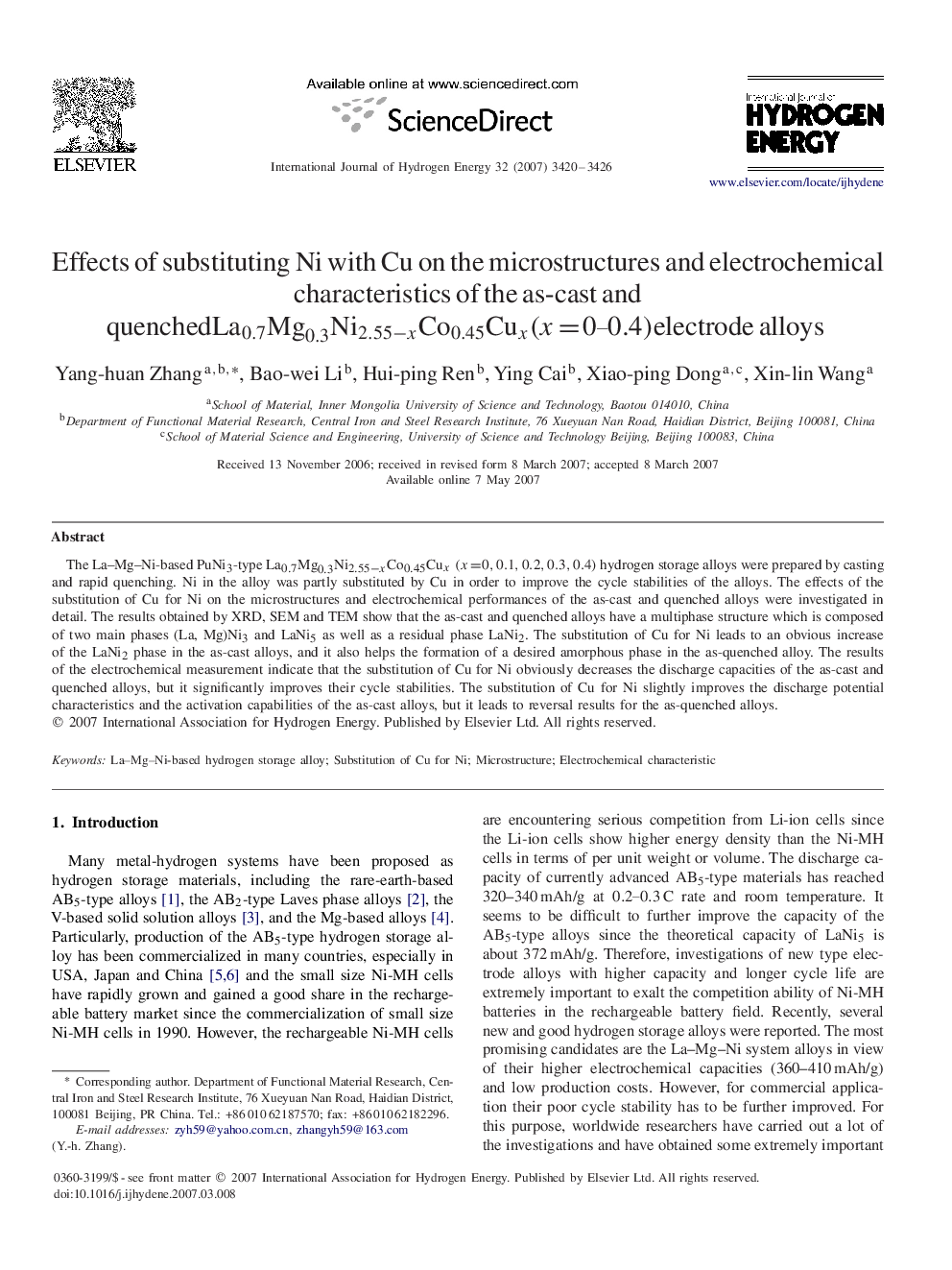 Effects of substituting Ni with Cu on the microstructures and electrochemical characteristics of the as-cast and quenchedLa0.7Mg0.3Ni2.55-xCo0.45Cux(x=0–0.4)La0.7Mg0.3Ni2.55-xCo0.45Cux(x=0–0.4)electrode alloys