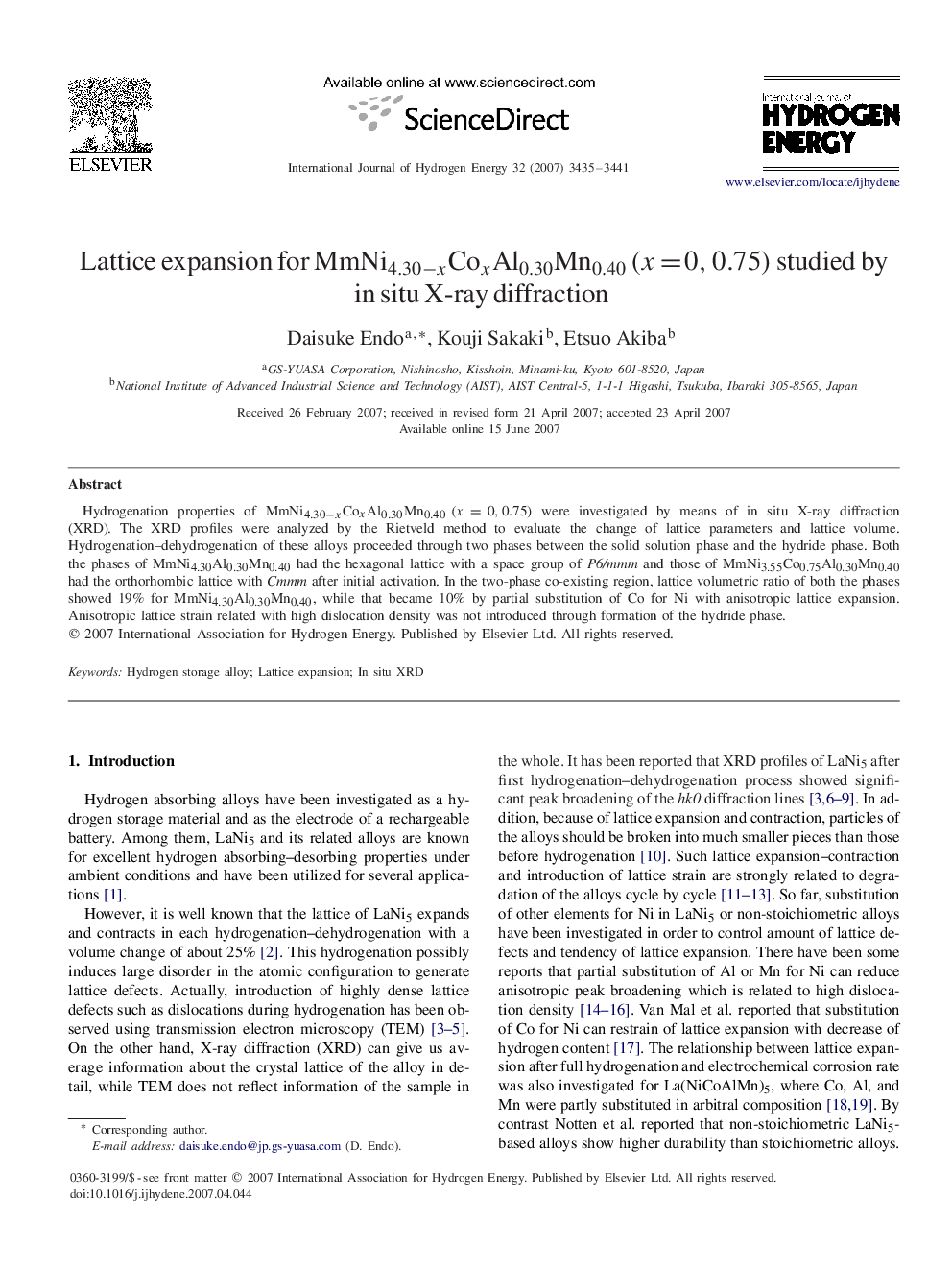 Lattice expansion for MmNi4.30-xMmNi4.30-xCoxCoxAl0.30Mn0.40(x=0,0.75)(x=0,0.75) studied by in situ X-ray diffraction