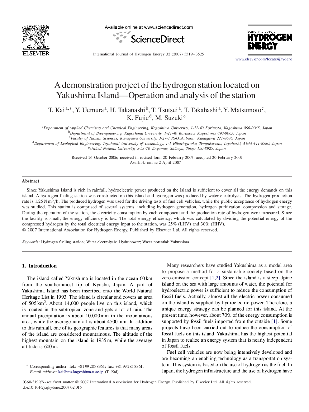 A demonstration project of the hydrogen station located on Yakushima Island—Operation and analysis of the station