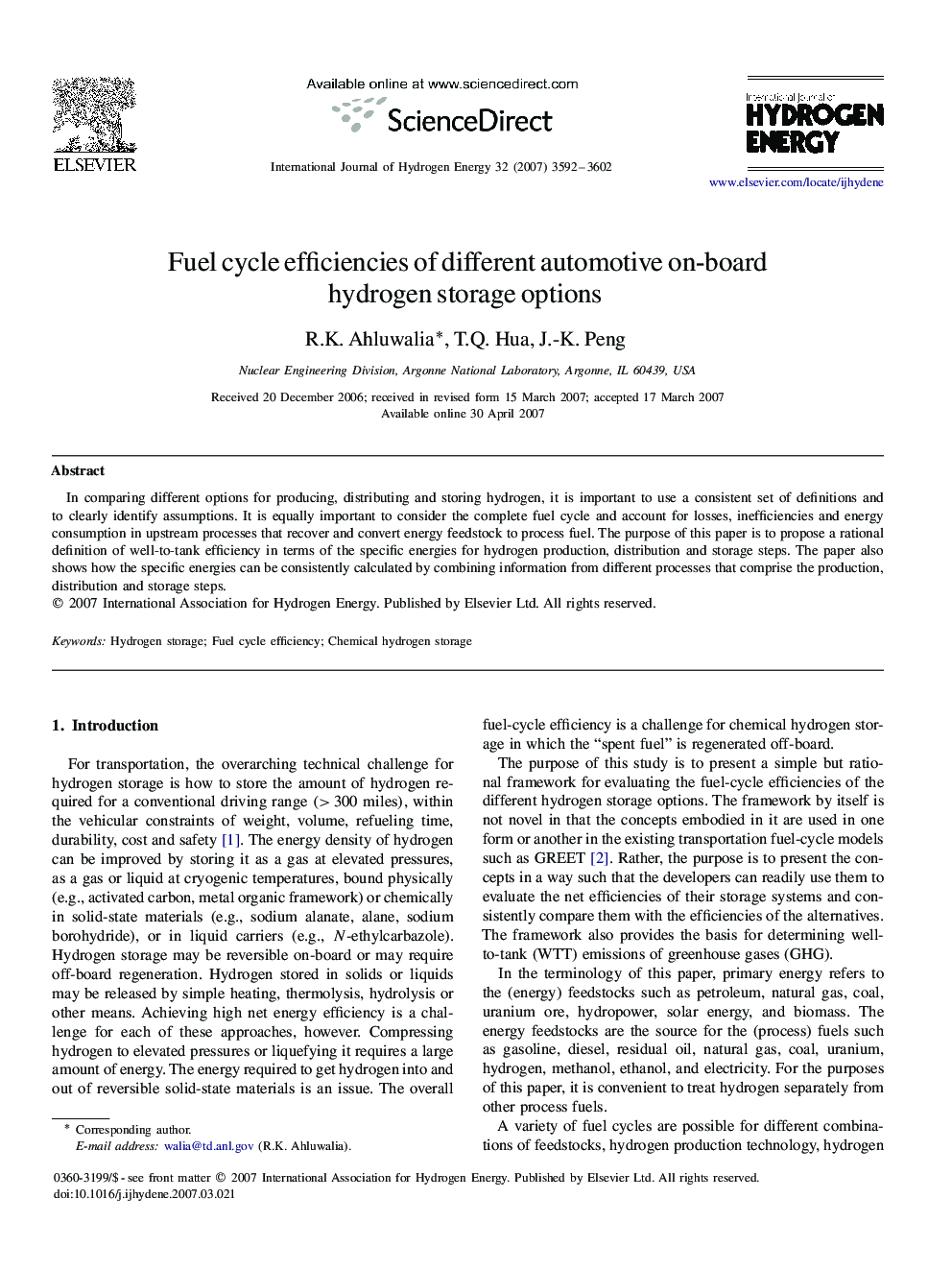 Fuel cycle efficiencies of different automotive on-board hydrogen storage options