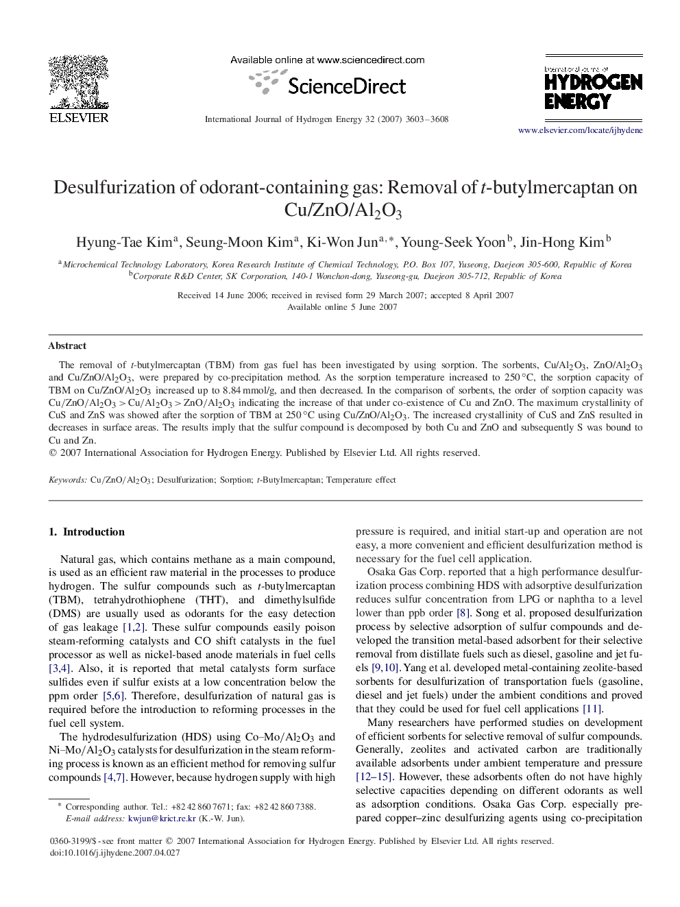 Desulfurization of odorant-containing gas: Removal of t-butylmercaptan on Cu/ZnO/Al2O3