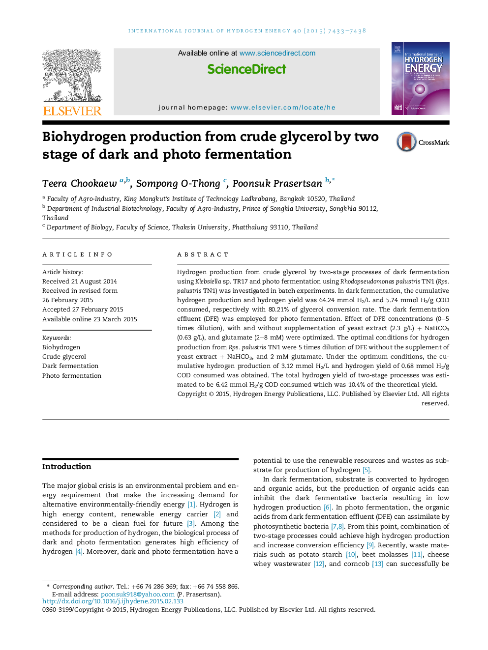 Biohydrogen production from crude glycerol by two stage of dark and photo fermentation