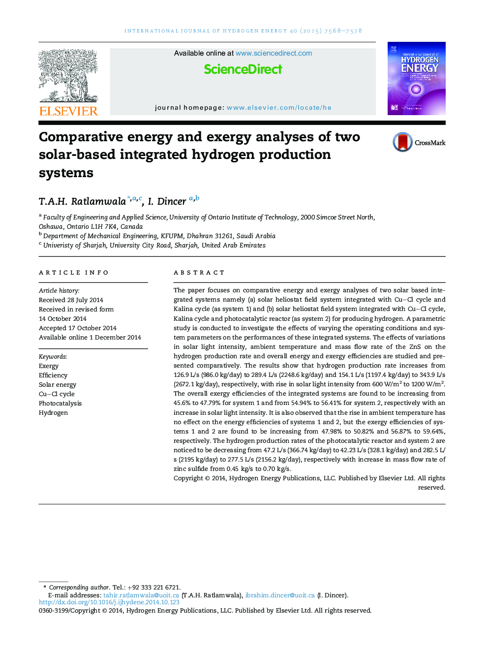 Comparative energy and exergy analyses of two solar-based integrated hydrogen production systems