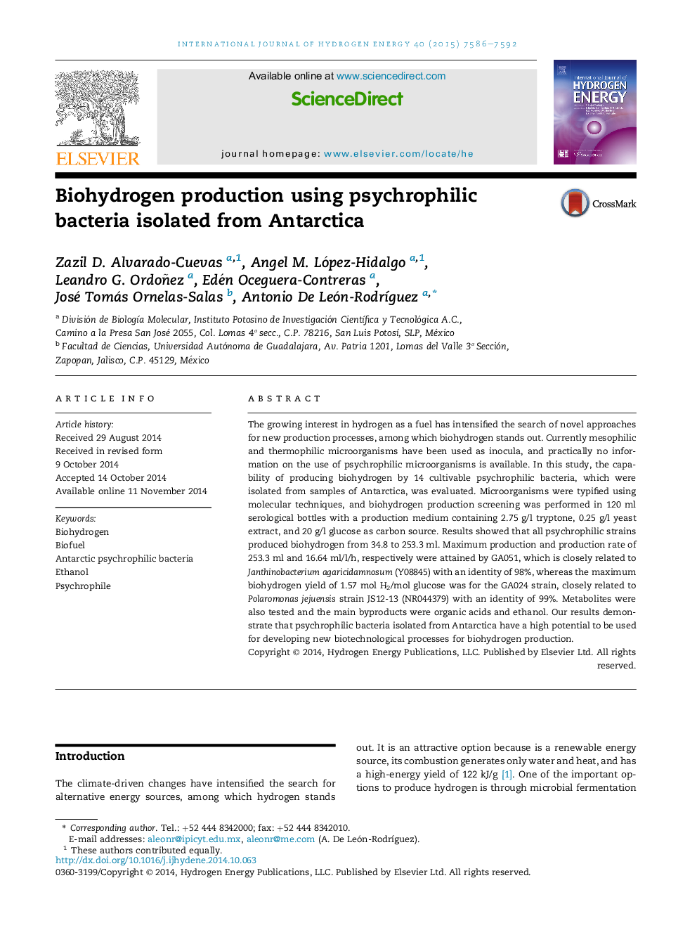 Biohydrogen production using psychrophilic bacteria isolated from Antarctica