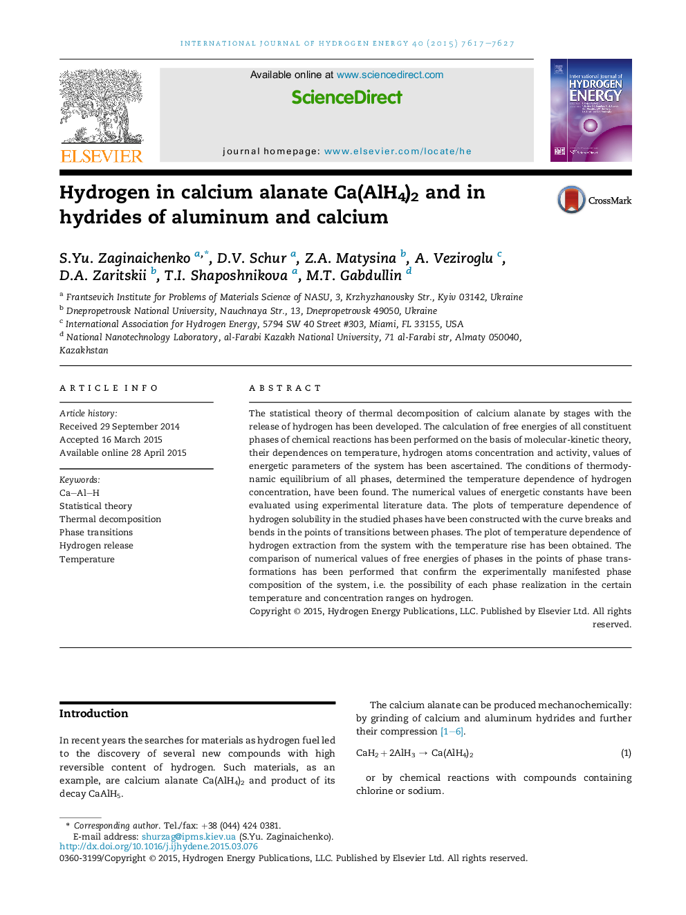 Hydrogen in calcium alanate Ca(AlH4)2 and in hydrides of aluminum and calcium