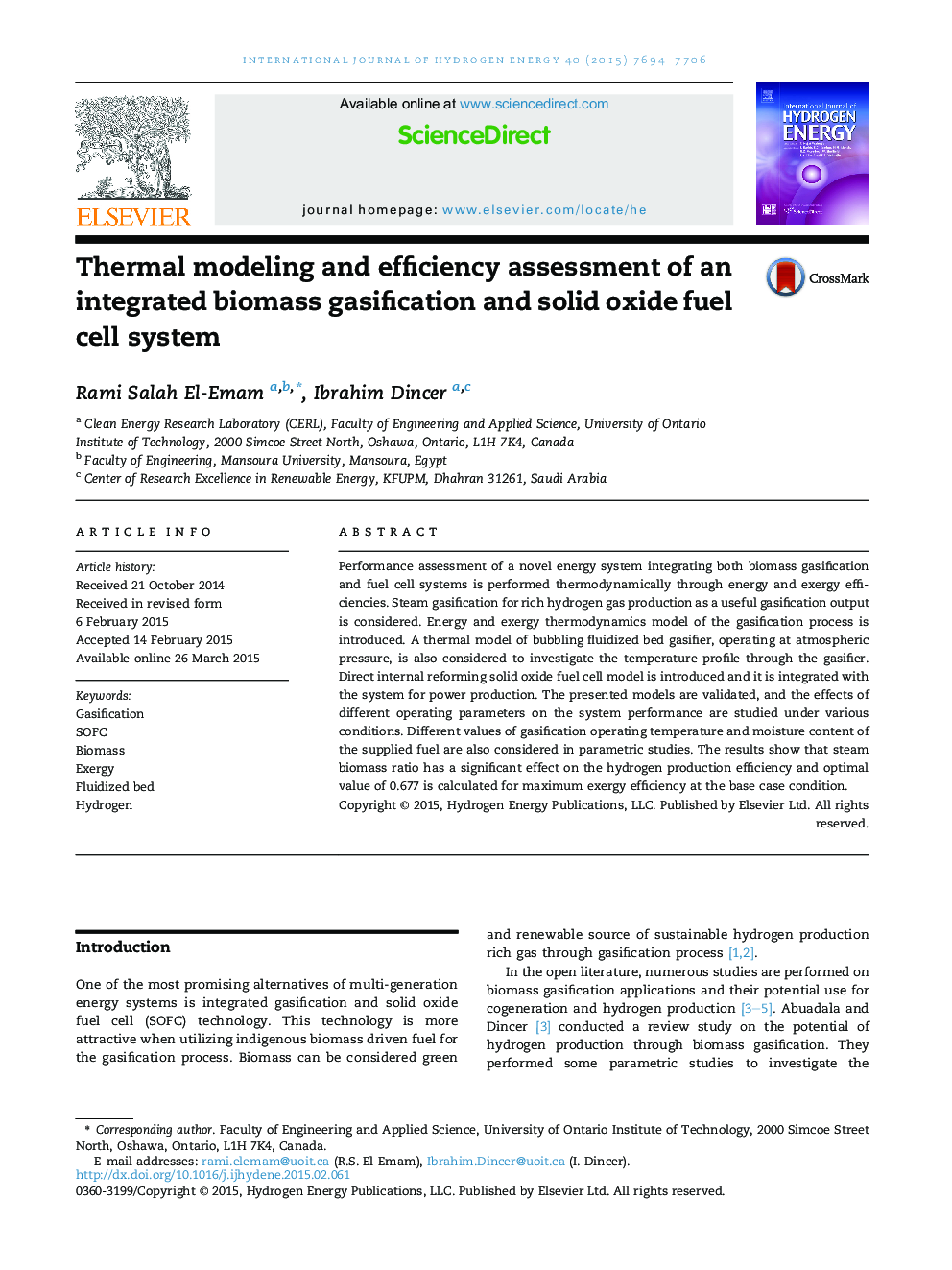 Thermal modeling and efficiency assessment of an integrated biomass gasification and solid oxide fuel cell system