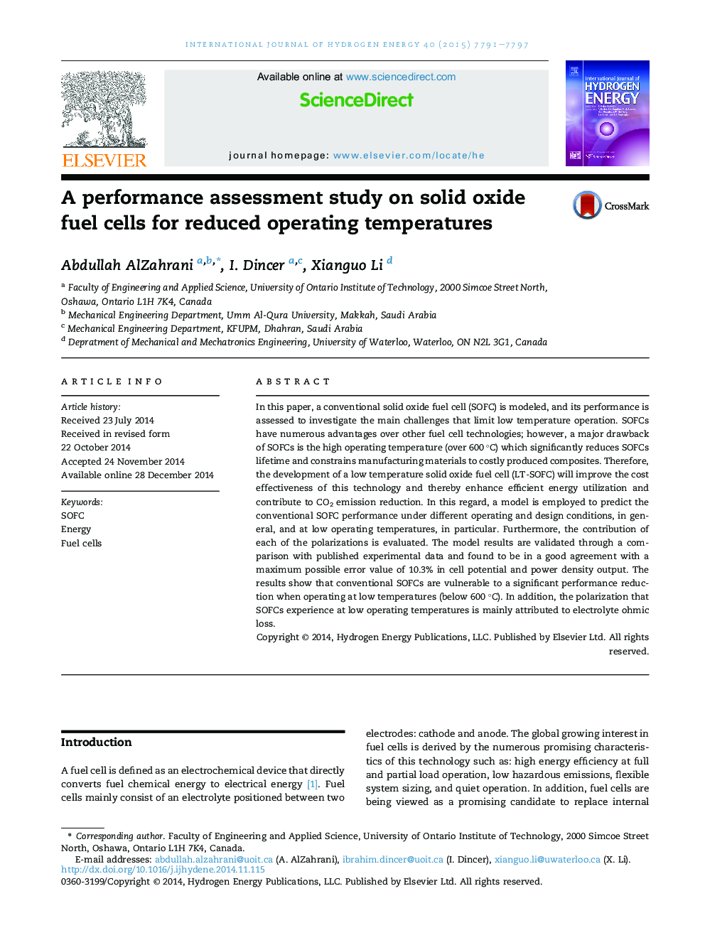 A performance assessment study on solid oxide fuel cells for reduced operating temperatures