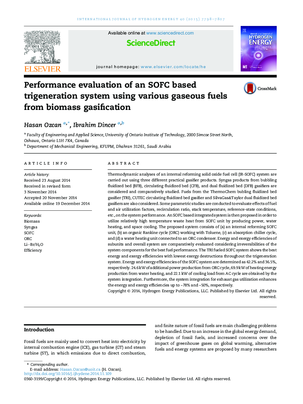 Performance evaluation of an SOFC based trigeneration system using various gaseous fuels from biomass gasification