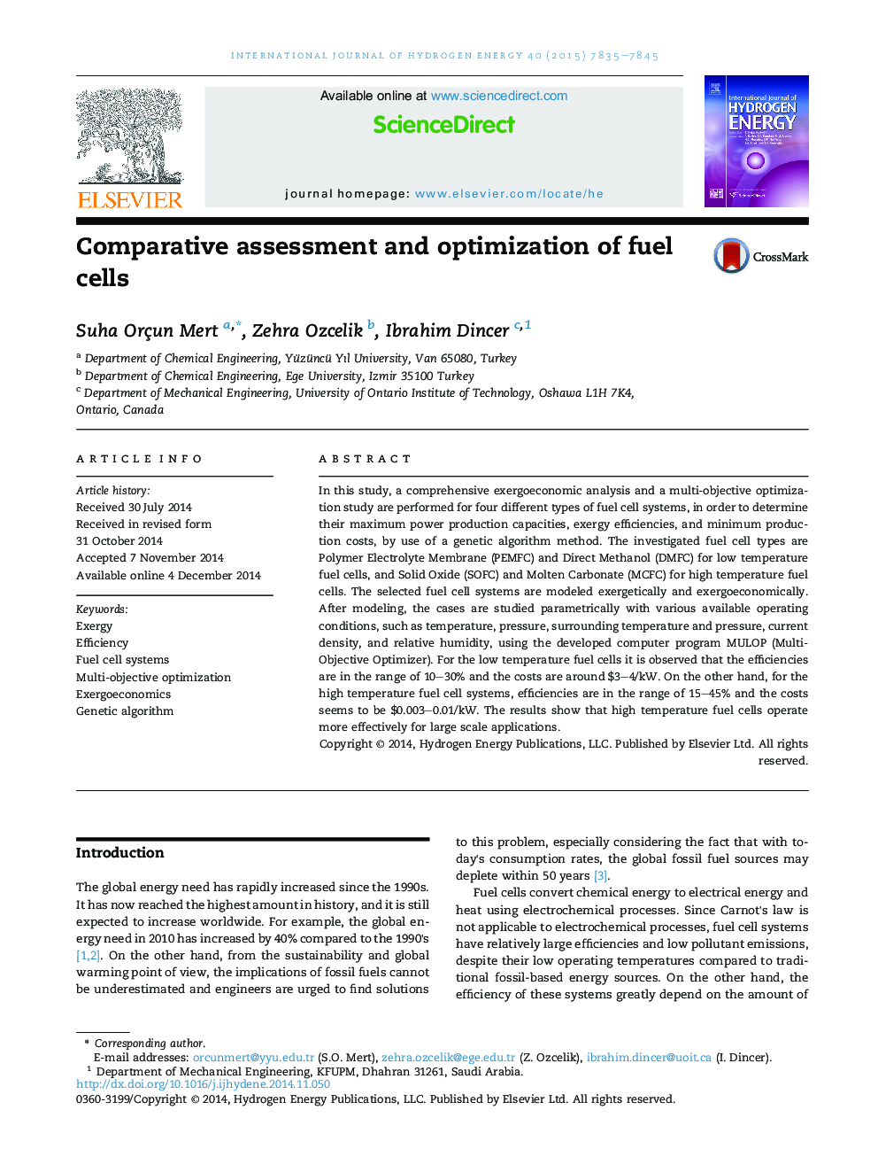 Comparative assessment and optimization of fuel cells