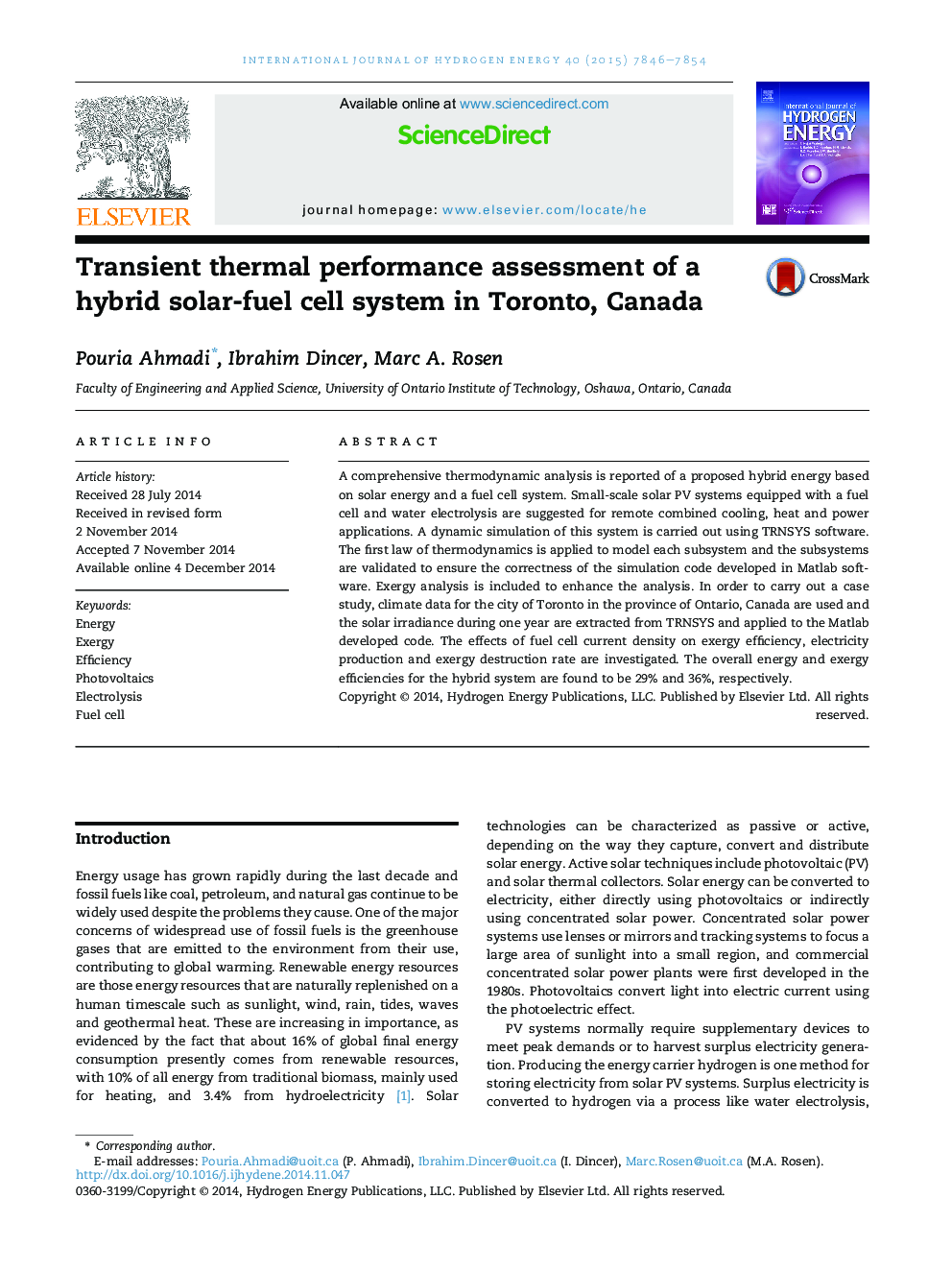 Transient thermal performance assessment of a hybrid solar-fuel cell system in Toronto, Canada