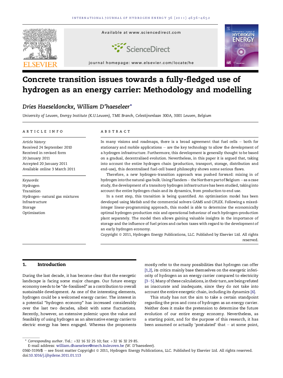 Concrete transition issues towards a fully-fledged use of hydrogen as an energy carrier: Methodology and modelling