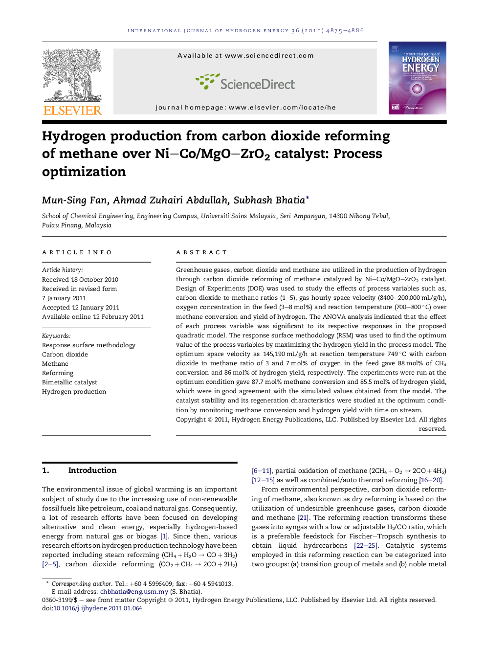 Hydrogen production from carbon dioxide reforming of methane over Ni–Co/MgO–ZrO2 catalyst: Process optimization