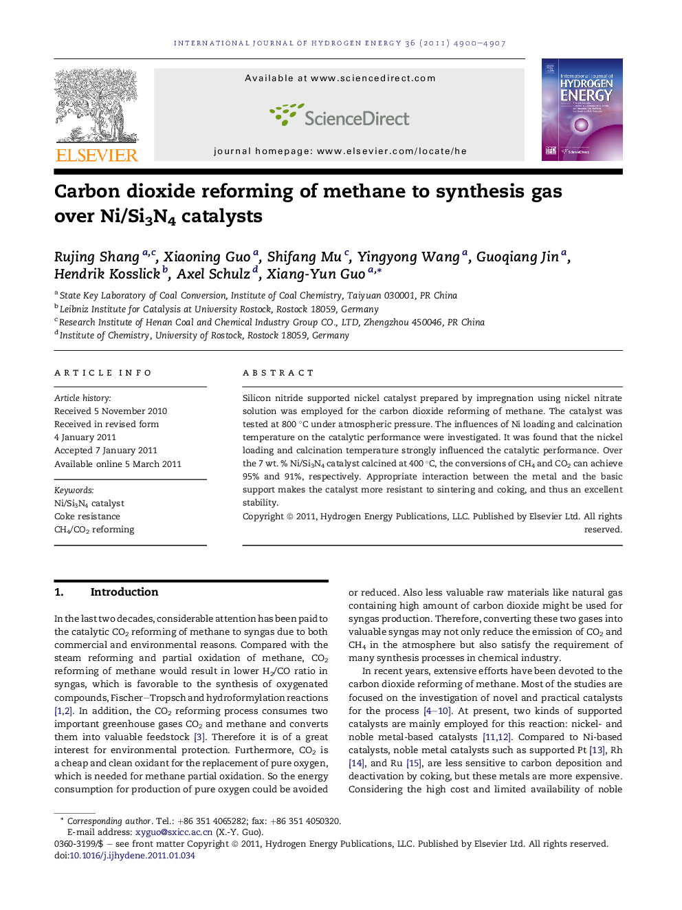 Carbon dioxide reforming of methane to synthesis gas over Ni/Si3N4 catalysts