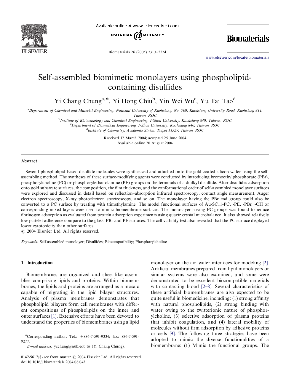 Self-assembled biomimetic monolayers using phospholipid-containing disulfides