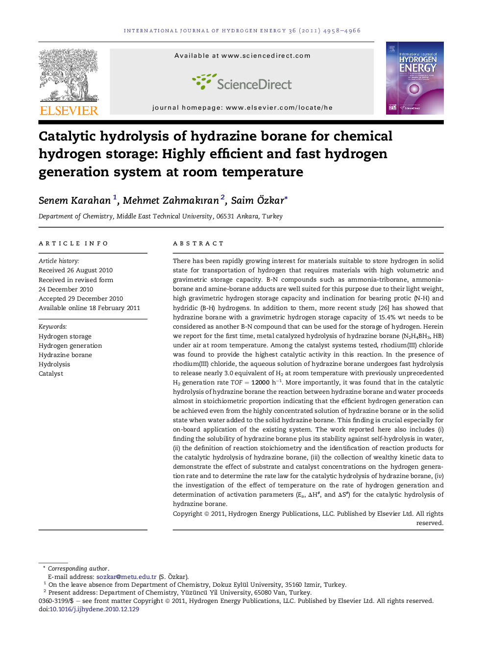 Catalytic hydrolysis of hydrazine borane for chemical hydrogen storage: Highly efficient and fast hydrogen generation system at room temperature