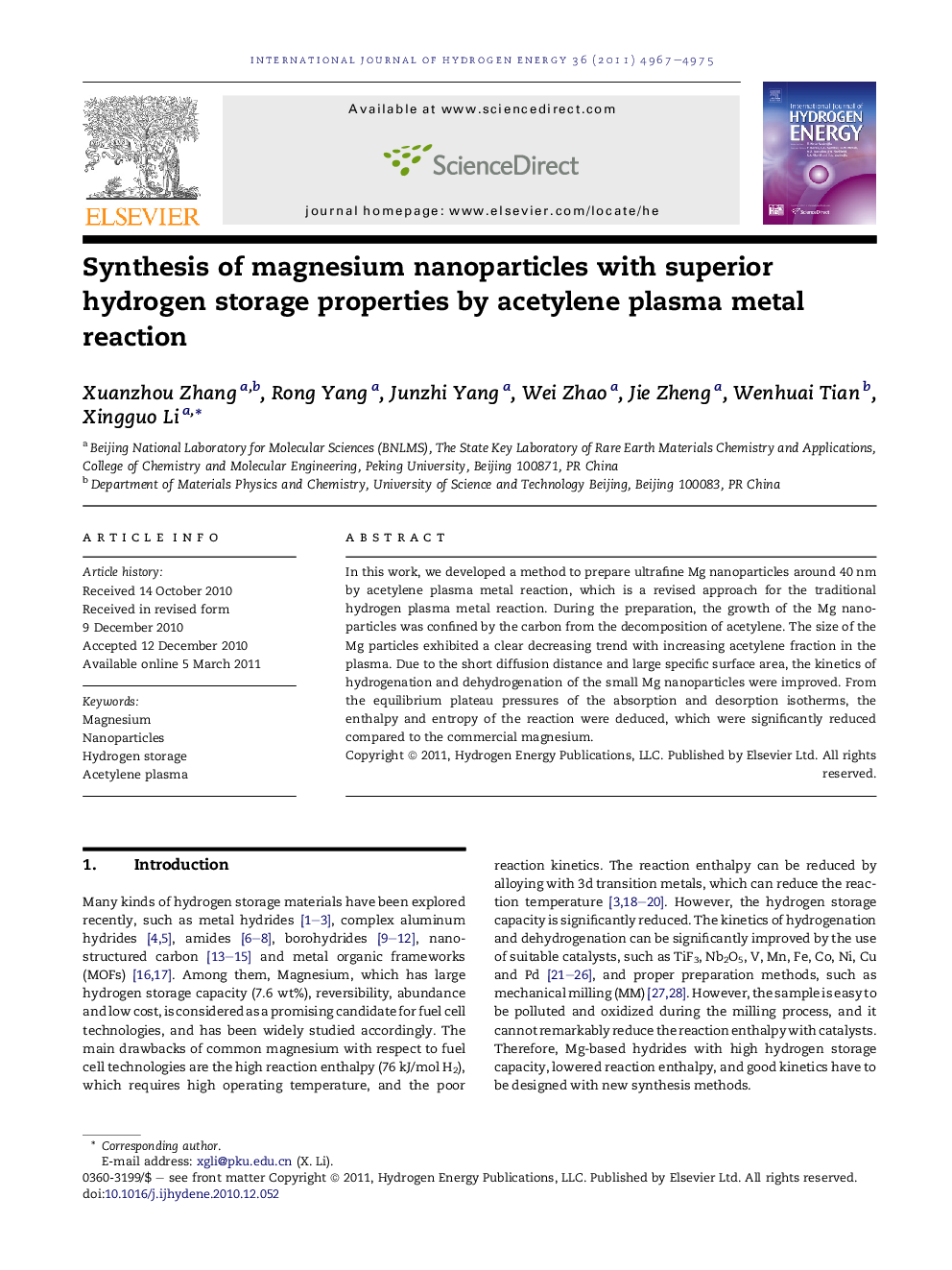 Synthesis of magnesium nanoparticles with superior hydrogen storage properties by acetylene plasma metal reaction