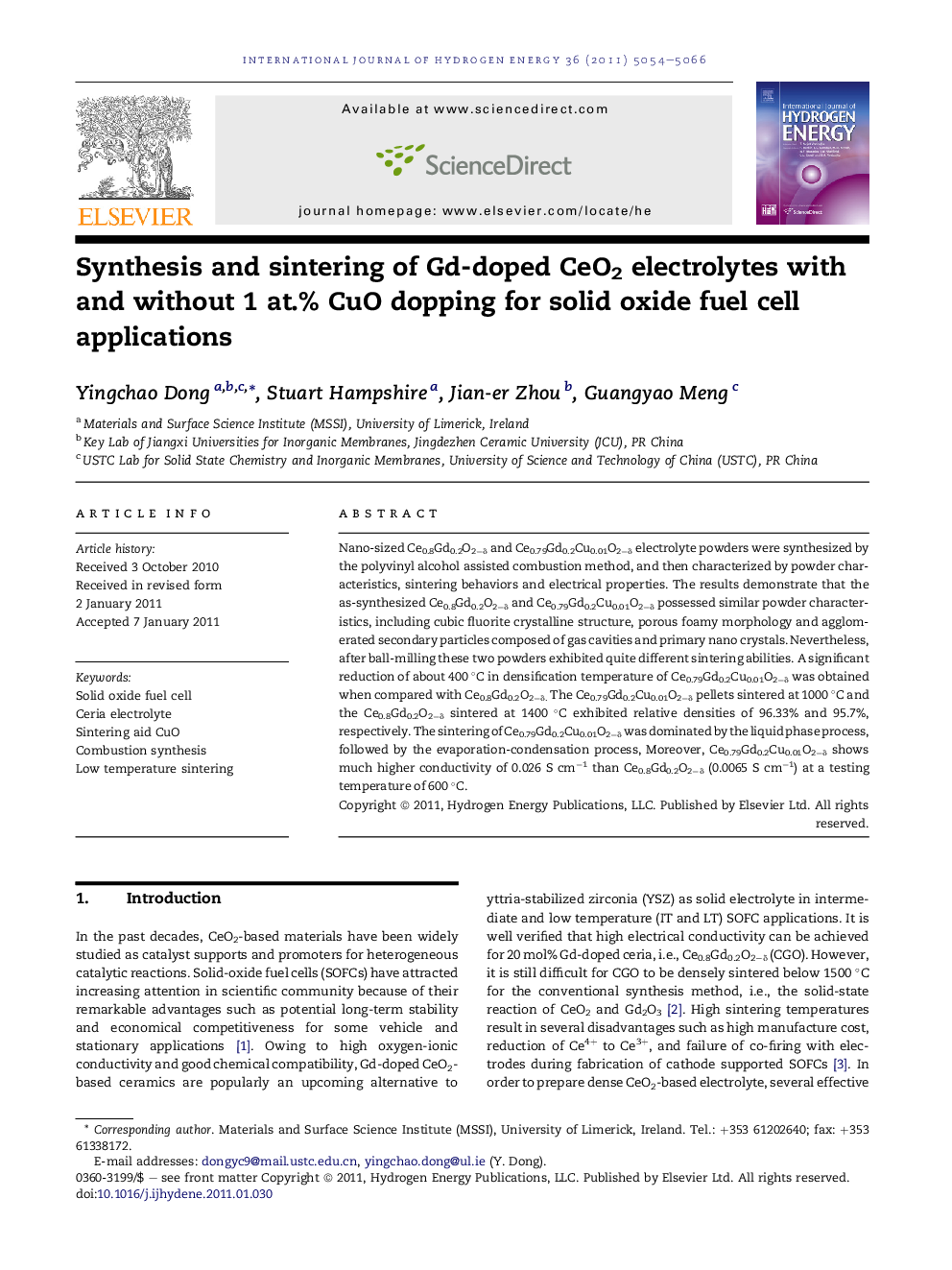 Synthesis and sintering of Gd-doped CeO2 electrolytes with and without 1 at.% CuO dopping for solid oxide fuel cell applications