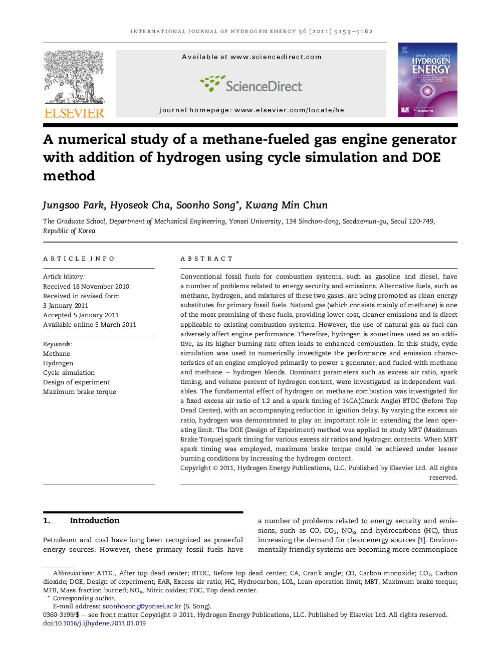 A numerical study of a methane-fueled gas engine generator with addition of hydrogen using cycle simulation and DOE method