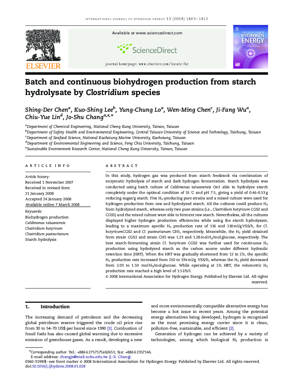 Batch and continuous biohydrogen production from starch hydrolysate by Clostridium species