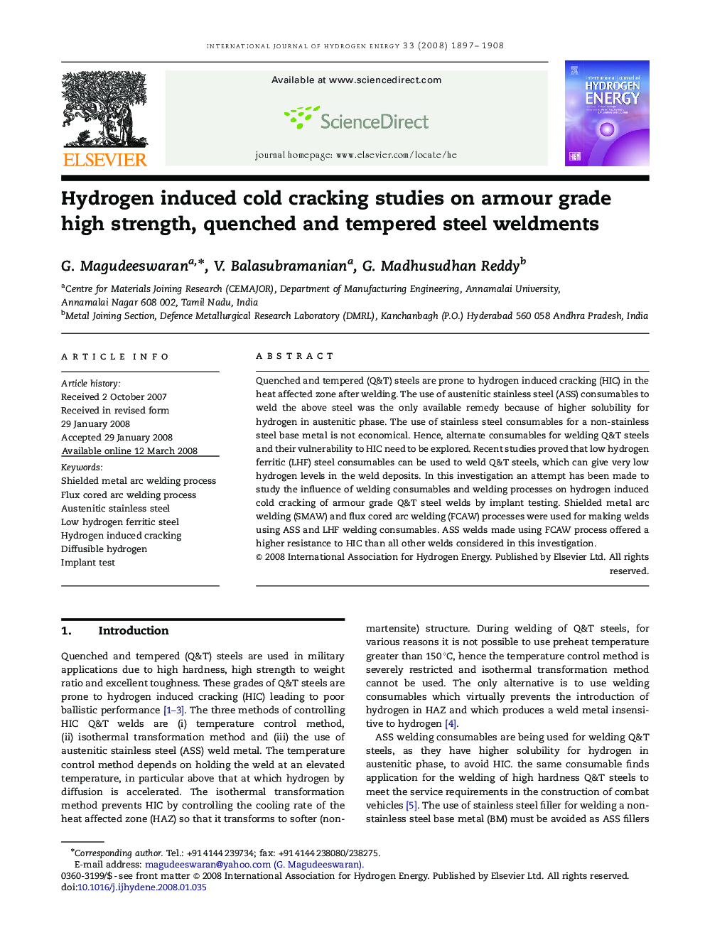 Hydrogen induced cold cracking studies on armour grade high strength, quenched and tempered steel weldments