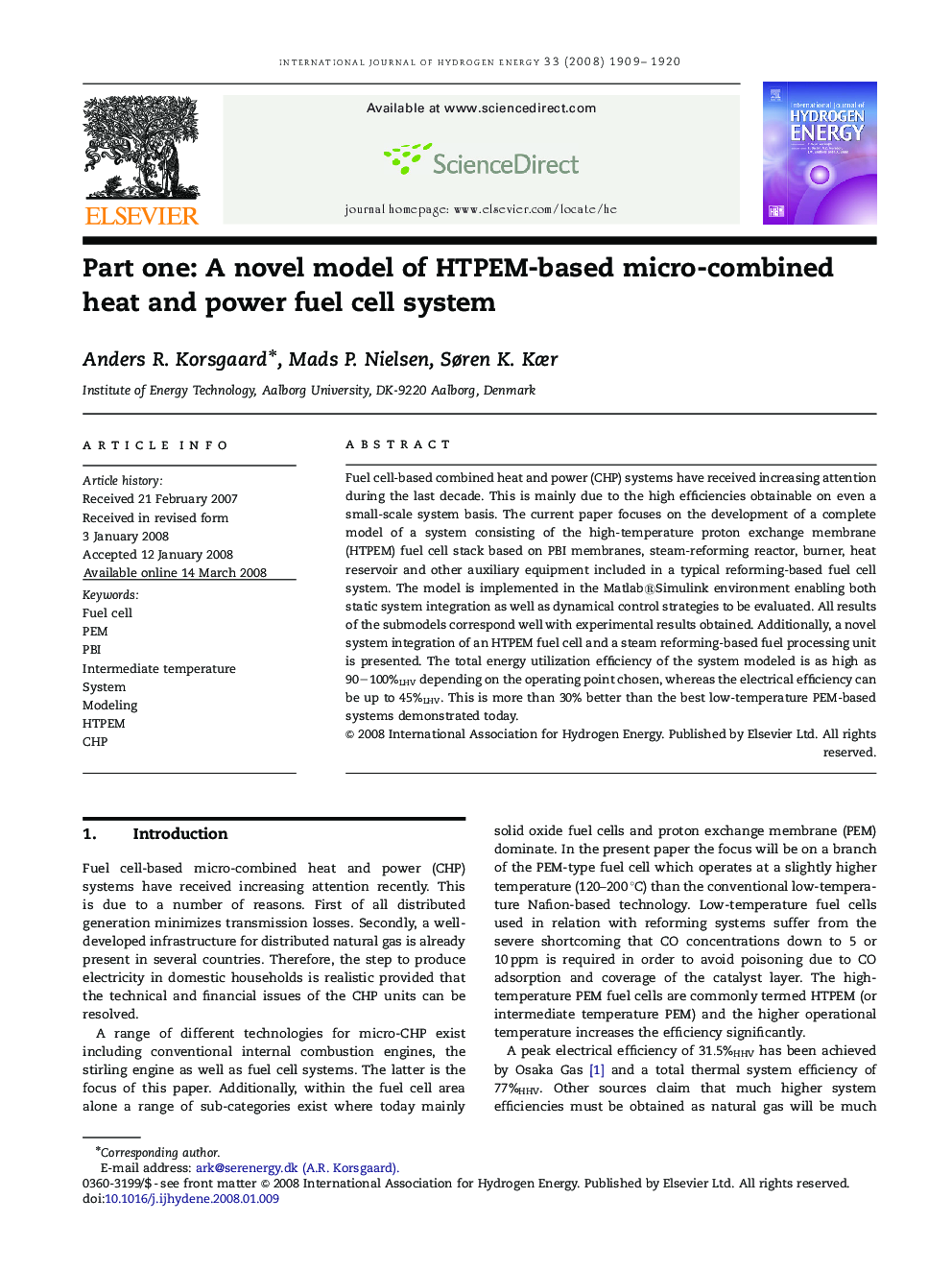 Part one: A novel model of HTPEM-based micro-combined heat and power fuel cell system