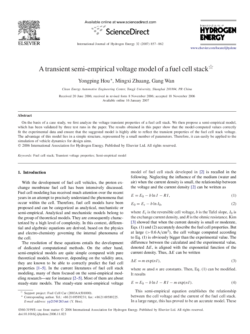 A transient semi-empirical voltage model of a fuel cell stack 