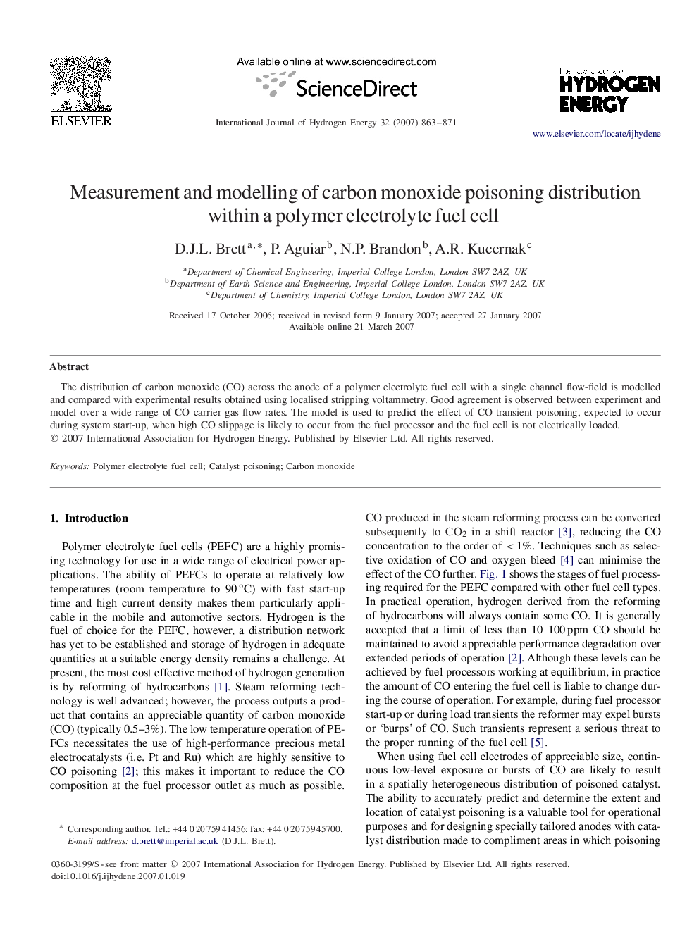 Measurement and modelling of carbon monoxide poisoning distribution within a polymer electrolyte fuel cell