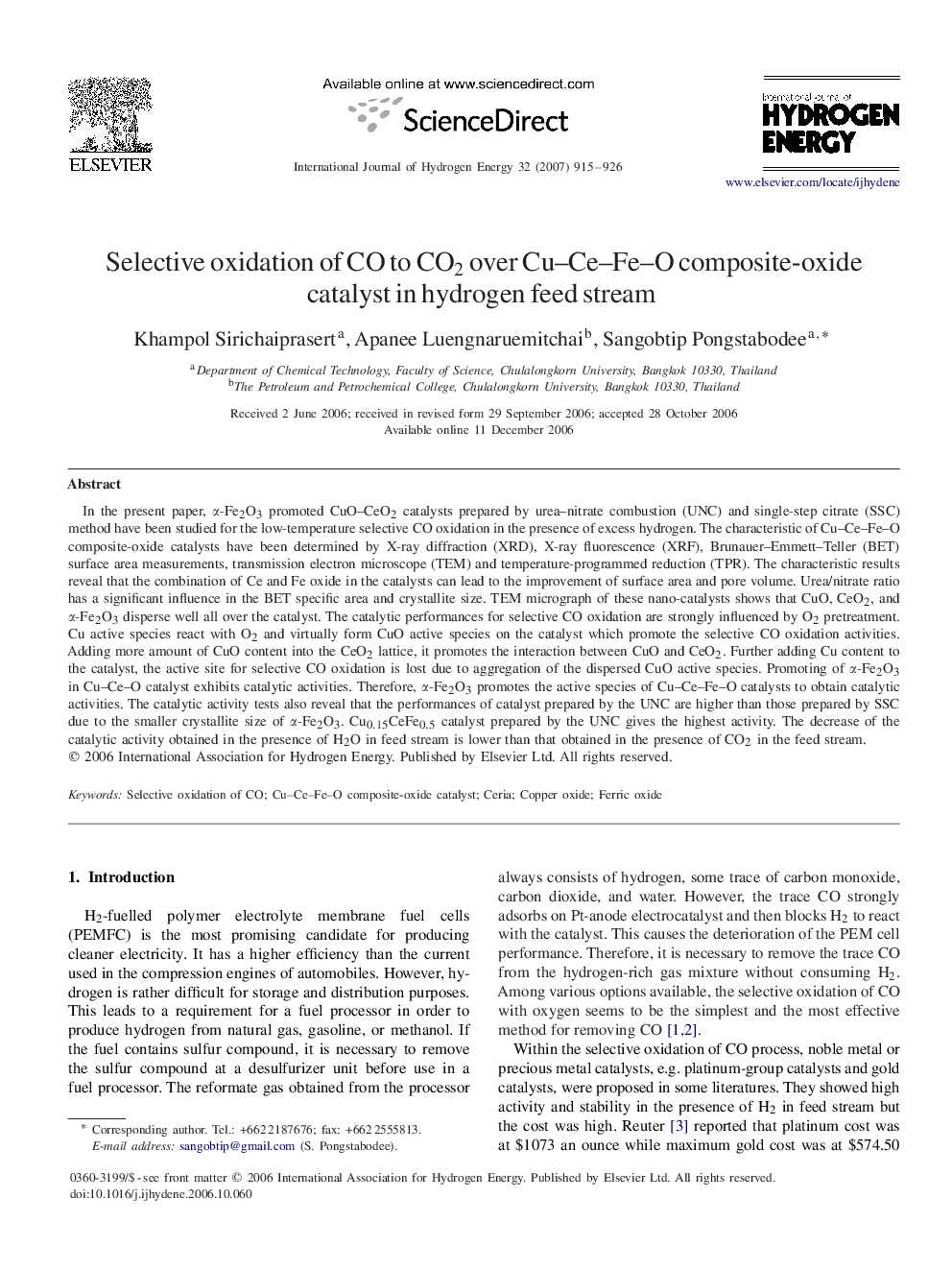 Selective oxidation of CO to CO2CO2 over Cu–Ce–Fe–O composite-oxide catalyst in hydrogen feed stream