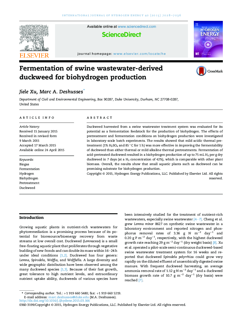 Fermentation of swine wastewater-derived duckweed for biohydrogen production