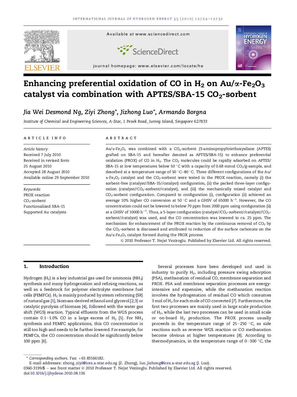 Enhancing preferential oxidation of CO in H2 on Au/α-Fe2O3 catalyst via combination with APTES/SBA-15 CO2-sorbent