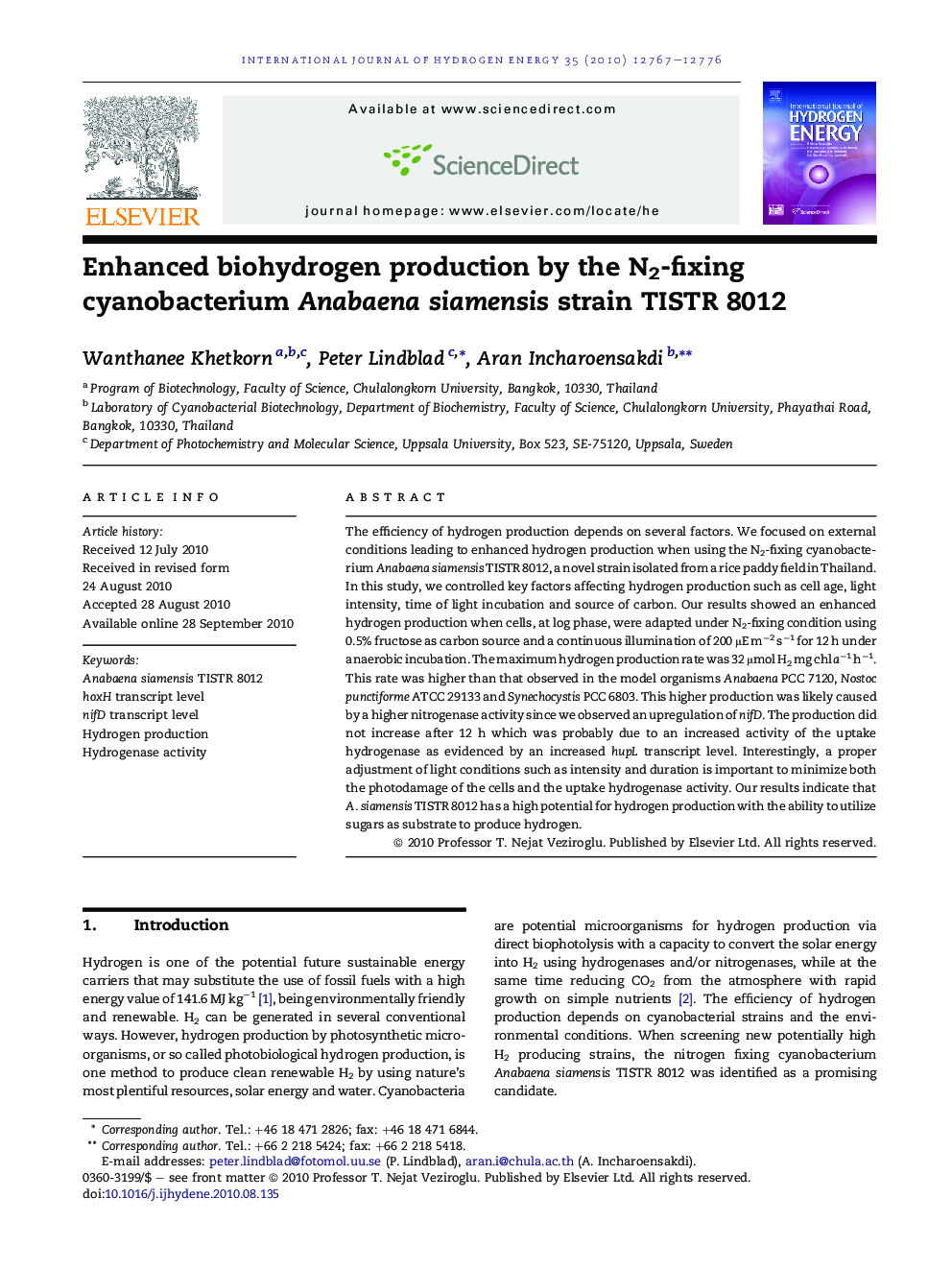 Enhanced biohydrogen production by the N2-fixing cyanobacterium Anabaena siamensis strain TISTR 8012